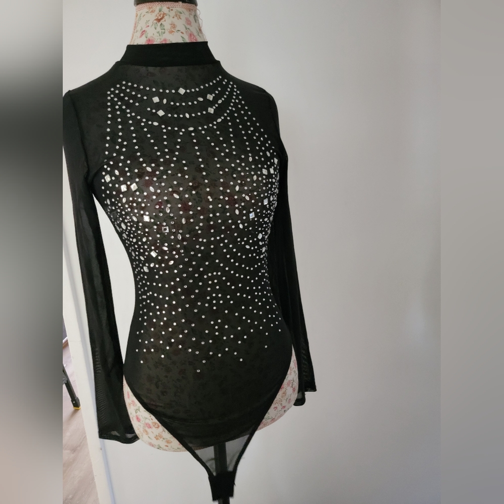 Iris Black Rhinestone Bodysuit Size LARGE